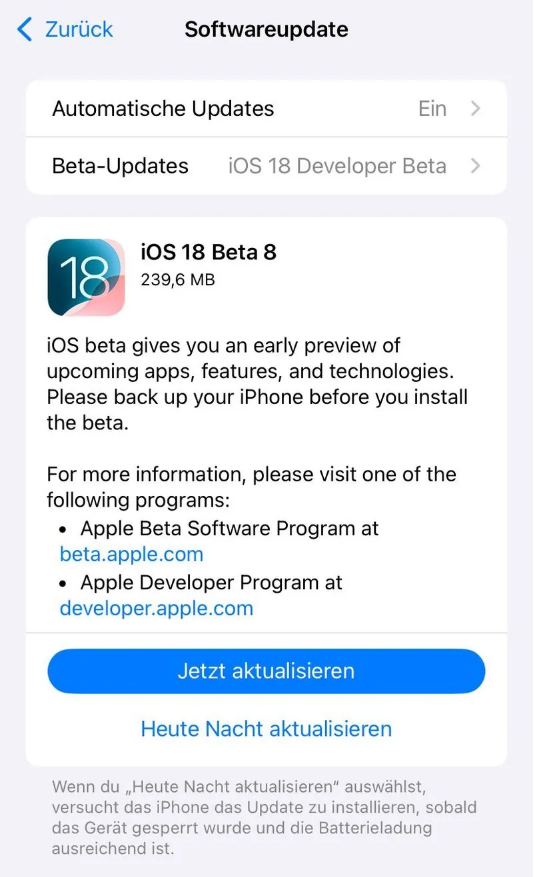 雁峰苹果手机维修分享苹果 iOS / iPadOS 18 开发者预览版 Beta 8 发布 